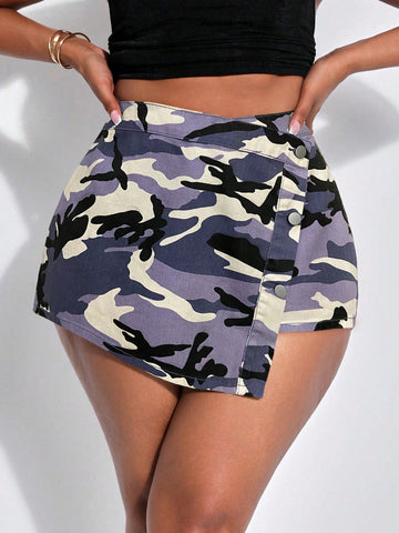 Plus Size Women Camouflage Denim Mini Shorts