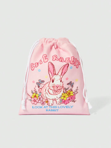 Cartoon Graffiti Cute Rabbit Print Large Capacity Drawstring Portable Cosmetic Storage Bag