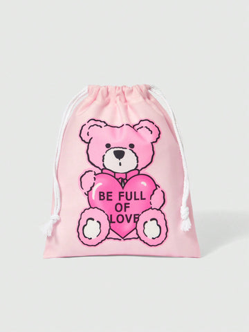 Cute Cartoon Heart Shaped Bear Design Portable High Capacity Drawstring Cosmetic Bag Storage Pouch 391430