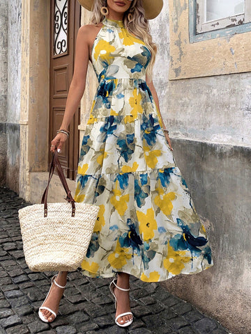Women Floral Printed Long Halter Vacation Style Dress For Summer