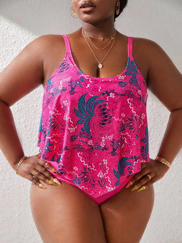 Plus Size Vintage Printed Tankini With Solid Color Triangle Briefs For Beach Vacation Swimwear