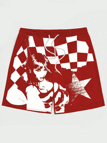 Men Checkerboard And Character Printed Drawstring Shorts