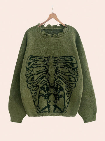 Plus Size Skull Pattern Distressed Trim Slouchy Sweater