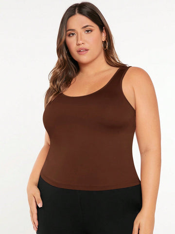 Plus Size Women Summer Solid Color Round Neck Casual Tank Top