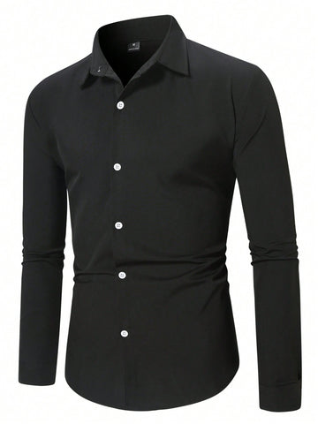 Men Business Style Solid Black Long Sleeve Dress Shirt