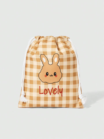 Cartoon Rabbit Plaid Portable Large Capacity Drawstring Makeup Bag Organizer