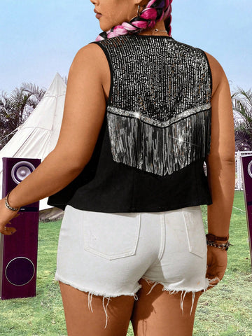 Suede-Look Splice Shining Beaded Trim Boho Style Short Jacket, Perfect For Music Festival