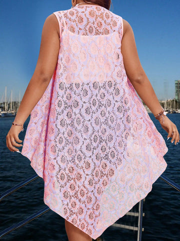 Plus Size Women's Asymmetric Hem Floral Pattern Open Front Sleeveless Vest