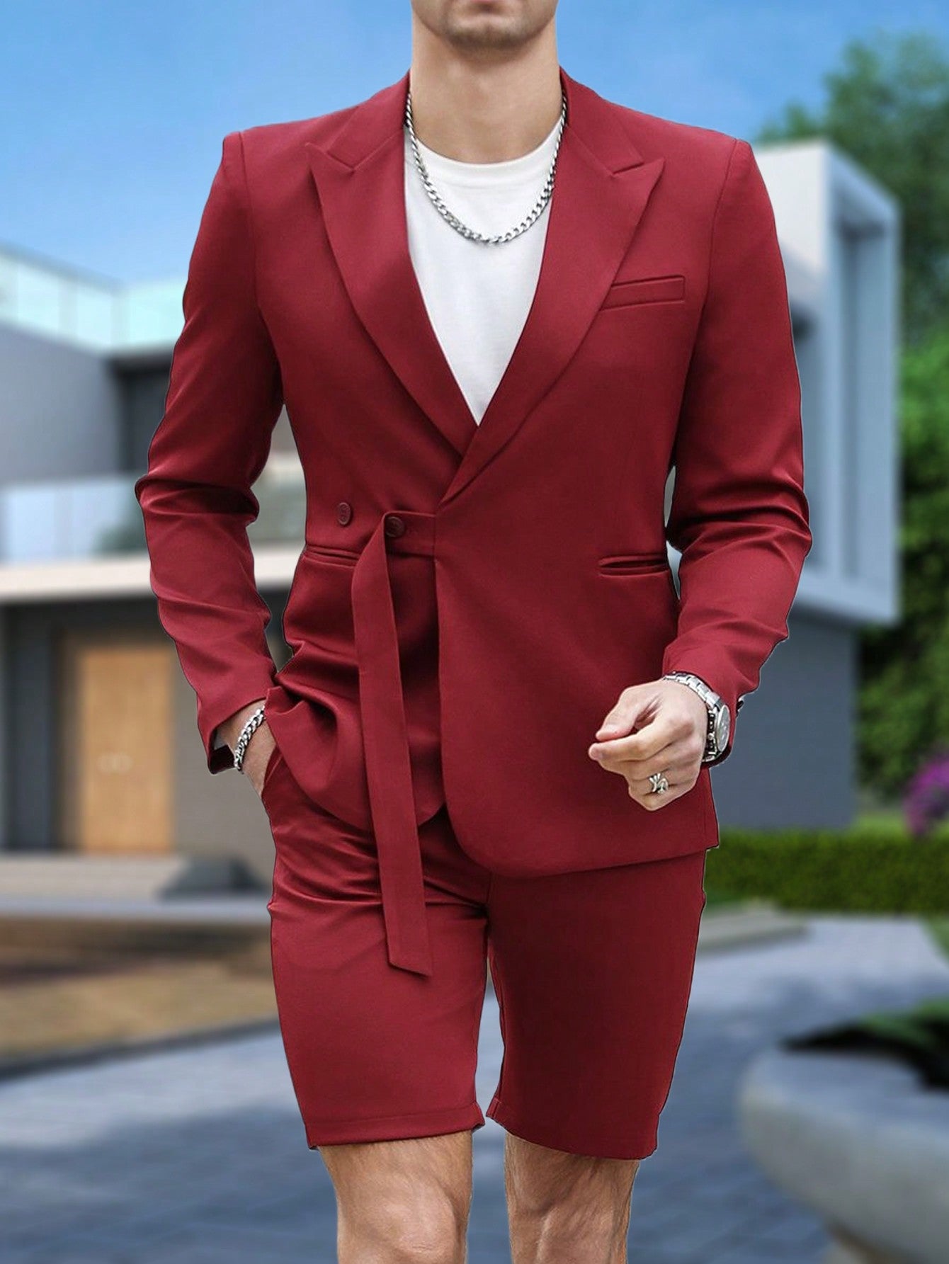 Men's Solid Color Long Sleeve Suit Jacket And Shorts Set