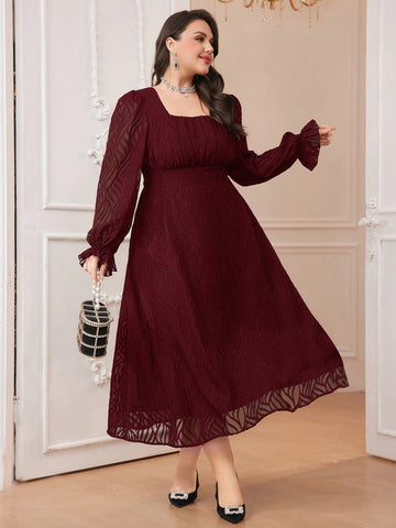 Plus Size Solid Color Cut Flower Square Collar Cinched Waist Frill Sleeve Long Dress For Spring