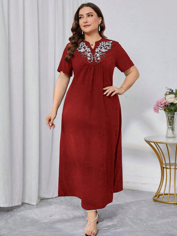 Plus Size Printed Notched Neck Long Dress For Summer Vacation