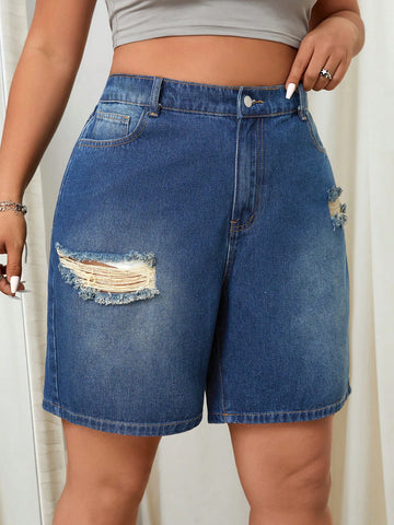 Plus Size Summer Casual Loose Fit Distressed Denim Shorts
