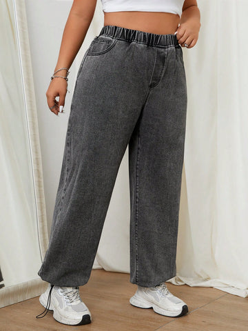 Plus Size Solid Color Drawstring Casual Jeans With Elastic Cuffs