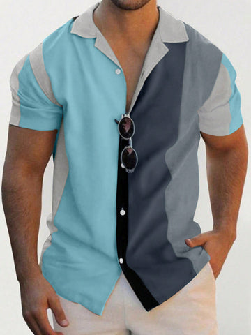 Men Summer Color Block Casual Short Sleeve Shirt