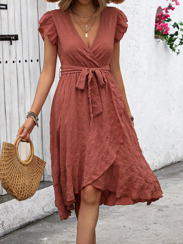 Summer Vacay Pure Color Textured Ruffled Wrap Dress