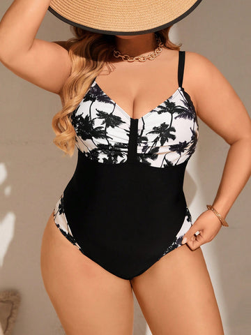 Plus Size Summer Beach Holiday Palm Tree Printed Colorblock One-Piece Swimsuit