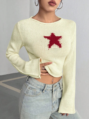 Women\ Short Knitted Spring Sweater With Pentagram Pattern