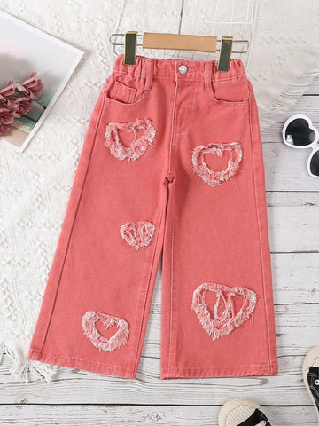 Young Girl Lovely Casual College Style Heart Applique Wide Leg Denim Pants For Vacation