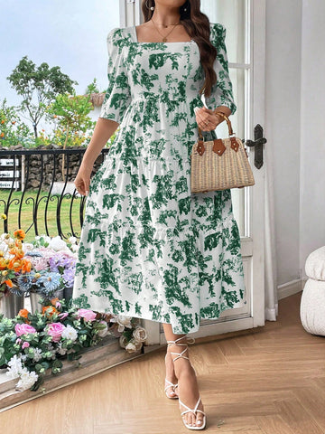 Plus Size Print Square Neck Puff Sleeve Midi Dress For Summer Vacation