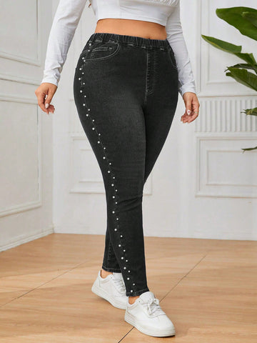 Fashionable Pearl Design Elastic Waist Jeans For Plus-Sized Women