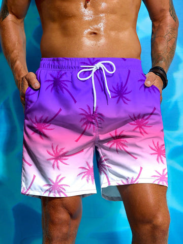 Men Palm Tree Printed Drawstring Beach Shorts Summer