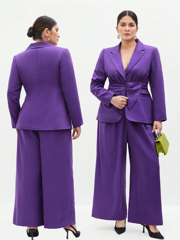 Plus Size Women's Color Block Lapel Long Sleeve Suit Jacket And Pants Set