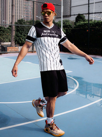 Men Striped Printed Short Sleeve Soccer T-Shirt, Suitable For Summer, Soccer Game Workout Tops
