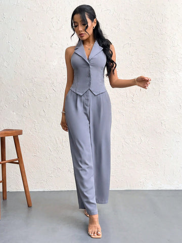 Casual Simple Mandarin Collar Sleeveless Suit Vest And Pleated Wide Leg Suit Pants