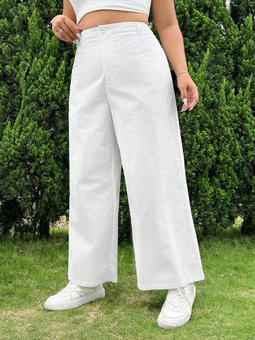 Women Plus Size White Woven Fabric High-Waisted Straight Leg Pants For Daily Commuting And Leisure With Pockets And Solid Color Elastic Waist
