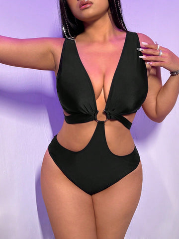 Summer Beach Plus Size Solid Color Ring Detail Cutout One-Piece Swimsuit