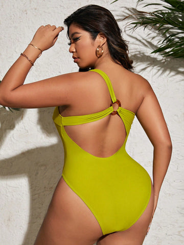 Summer Beach Women Solid Color Simple Daily One Shoulder Plus Size Swimsuit