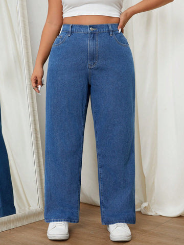 Plus Size Straight-Leg Jeans With Pockets For Casual Wear