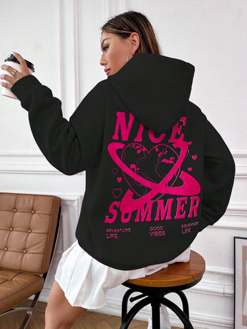 Women Loose Hooded Sweatshirt With Letter And Heart Print For Autumn And Winter