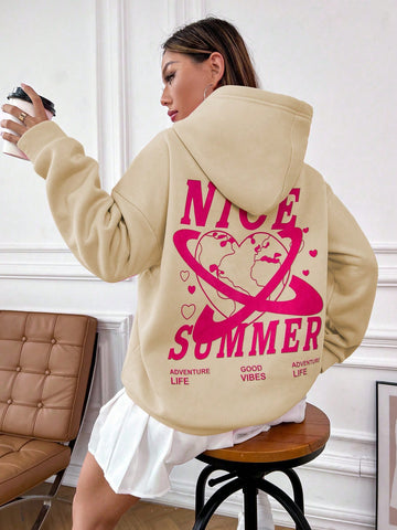 Spring And Autumn Loose Drop Shoulder Leisure Hoodie With Heart Print