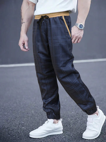 Men Casual Plaid Color Block Patchwork Drawstring Waist Tapered Joggers