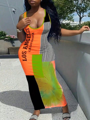 Plus Size Women Color-Block V-Neck Sleeveless Maxi Dress For Summer Vacation