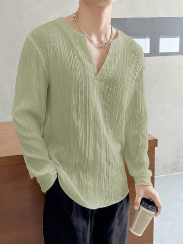 Men Solid Color Notched Collar Woven Casual Shirt