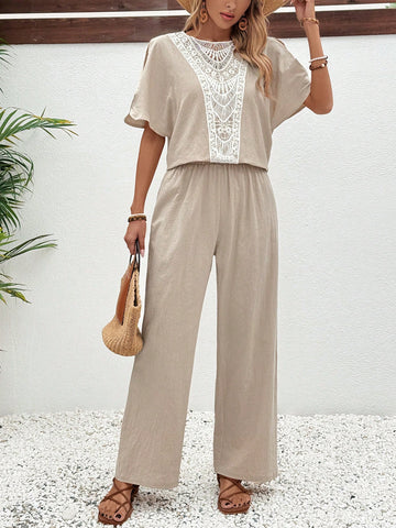 Ladies Casual Lace Splice Top And Wide Leg Pants Two-Piece Set
