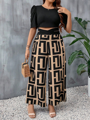 Plus Size Solid Color Bubble Sleeve Hollow Out Blouse And Printed Wide Leg Pants Two-Piece Set For Spring And Summer