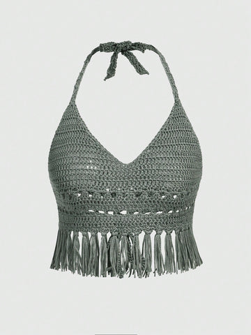 Vacation Style Hollow Out Tassel Detail Knit Halter Top For Women