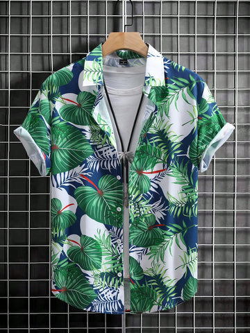 Men Short Sleeve Shirt With Leaf Print For Summer Daily Wear