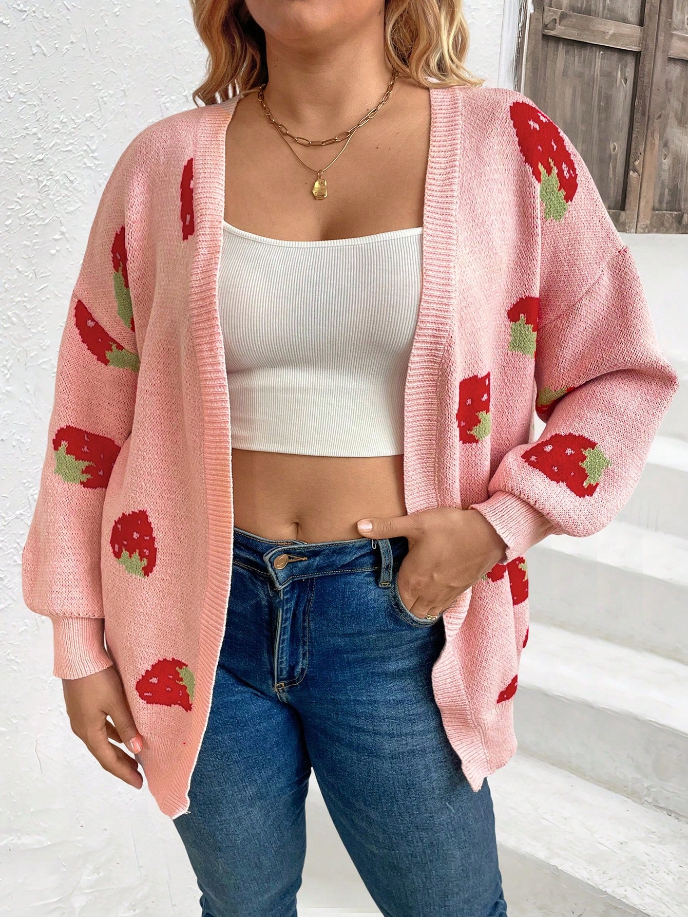 Ladies" Simple Strawberry Print Cardigan Sweater For Daily Wear