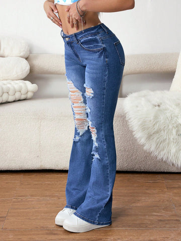 Women Fashion High Waist Ripped Design Slim Fit Flare Jeans