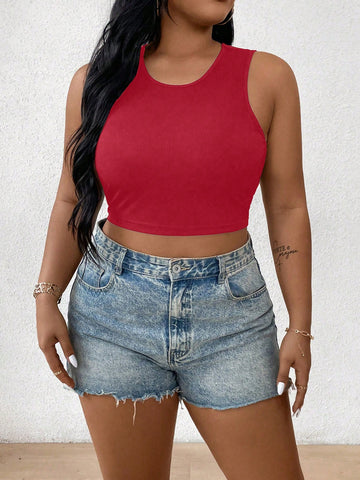Plus Size Summer Casual Round Neck Tight-Fitting Cropped Tank Top
