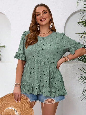 Plus Size Summer Casual Hollow Out Embroidered Lotus Leaf Trim Decorated T-Shirt