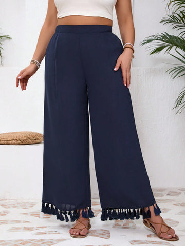Women Plus Size Pants With Tassel Decoration And Solid Color Beach
