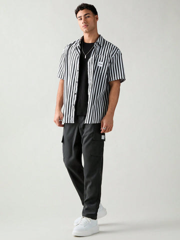 Men Summer Woven Casual Button-Front Striped Short-Sleeved Shirt With Pockets