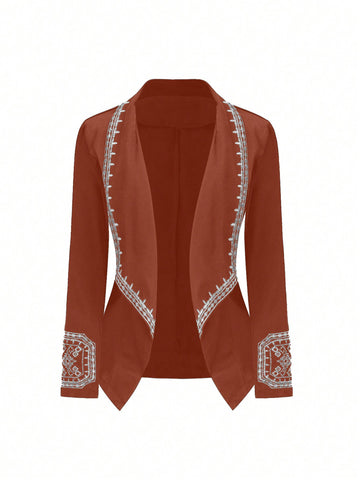 Plus Size Women Spring & Autumn Long Sleeve Floral Printed Open Front Blazer Jacket