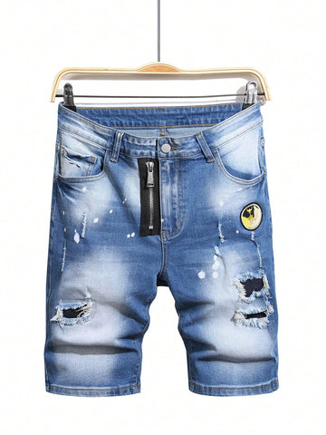 Men\ Solid Color Simple Daily Ripped Denim Shorts