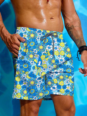Men Drawstring Waist Flower Print Casual Beach Shorts With Pockets
